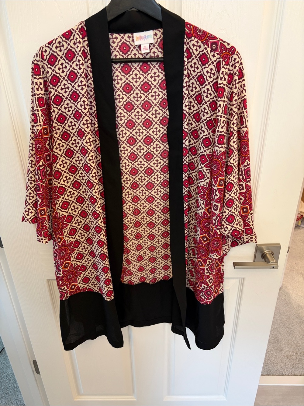 Red and Cream Patterned Kimono with Black Trim